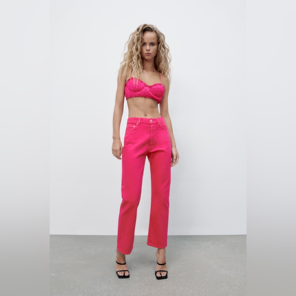 Zara Women's Straight Fit Button Fly Jeans Pink Barbie Core Cotton Preppy Size 2